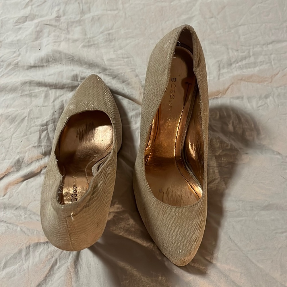 BCBG Stilettos with tan snakeskin
